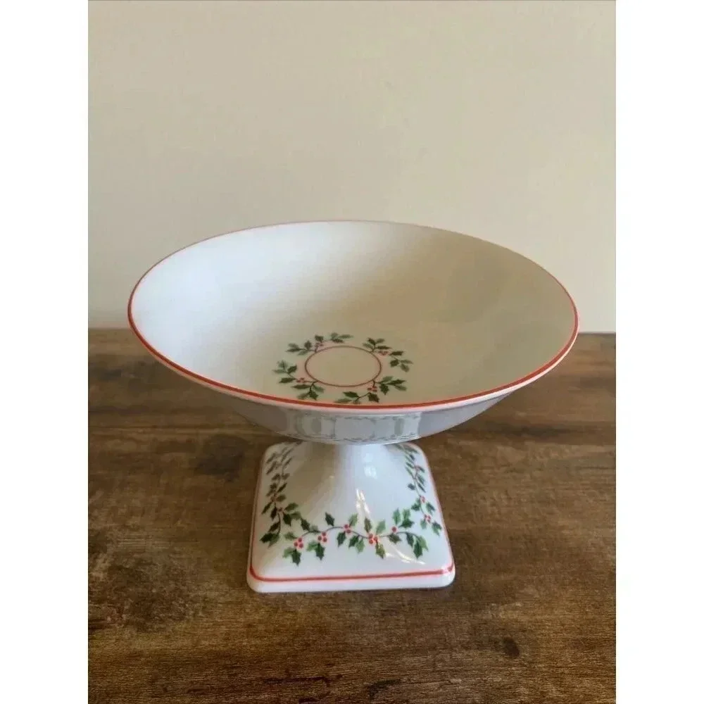 Hollyridge Compote Christmas Holiday Holly Red Berries Candy Nut Dish